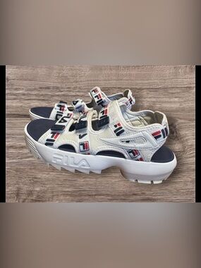 Fila Women's Disruptor Sandal  in White, Fila Navy & Fila Red SZ 10
